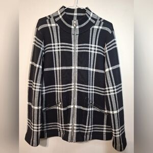 Lauren Ralph Lauren Black white plaid checkered knit zip up sweater jacket XL